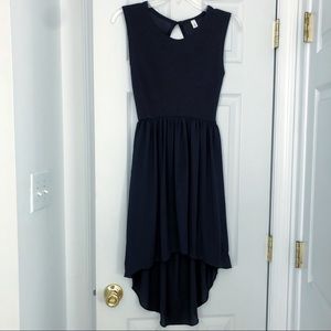 Navy high low keyhole back dress